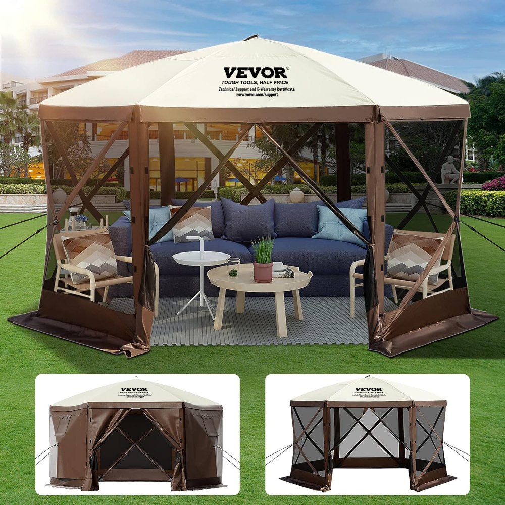 VEVOR-Campingpavillon auf einer Terrasse mit Sitzgelegenheiten im Freien und einem Couchtisch, perfekt zum Zusammensein.