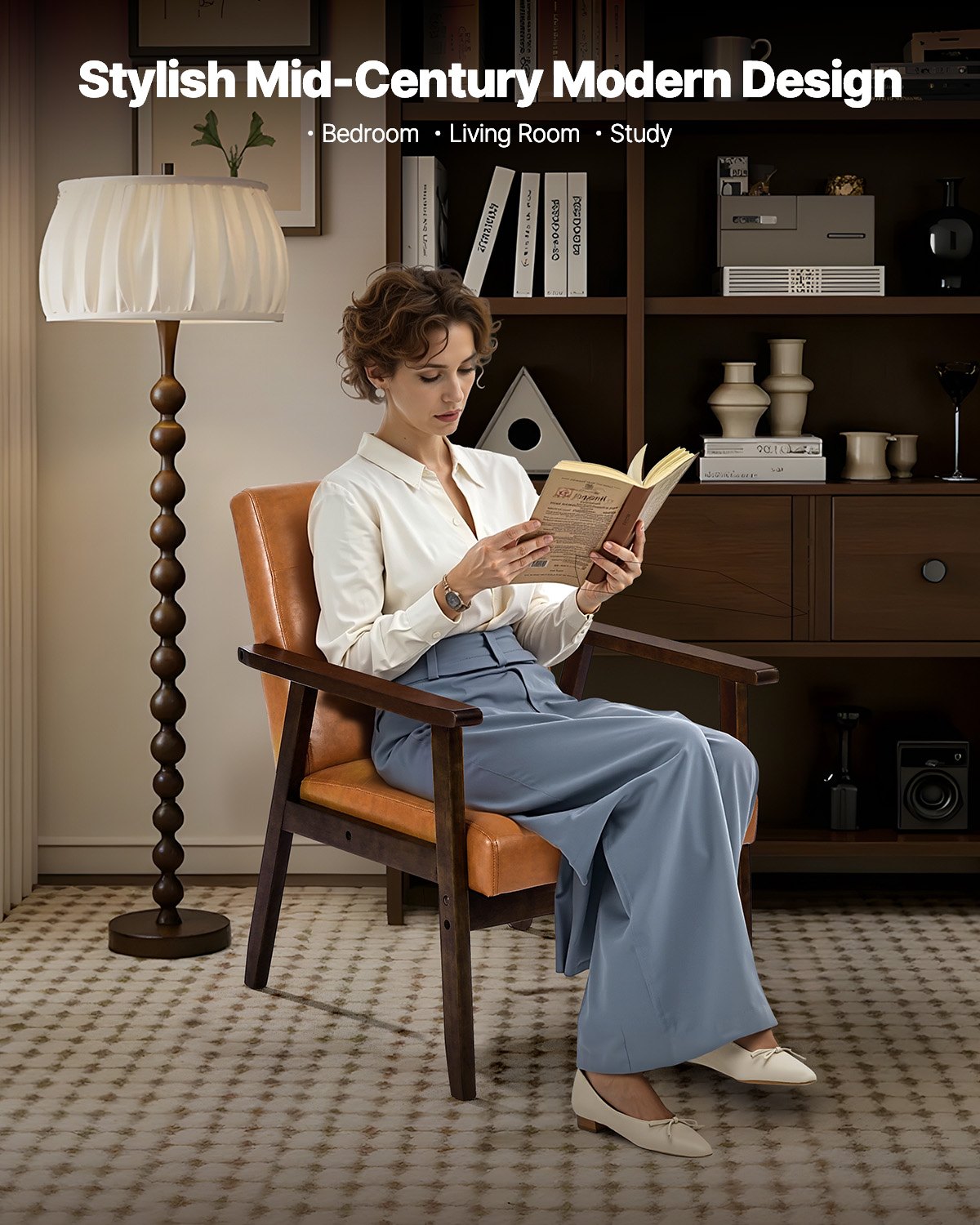 VEVOR Accent Chair, Mid Century Modern Armchair with Solid Wood Frame and Non-Slip Legs, Upholstered Leisure Chairs with PU Leather and Soft Cushion, for Living Room, Bedroom, Study, Office & Balcony