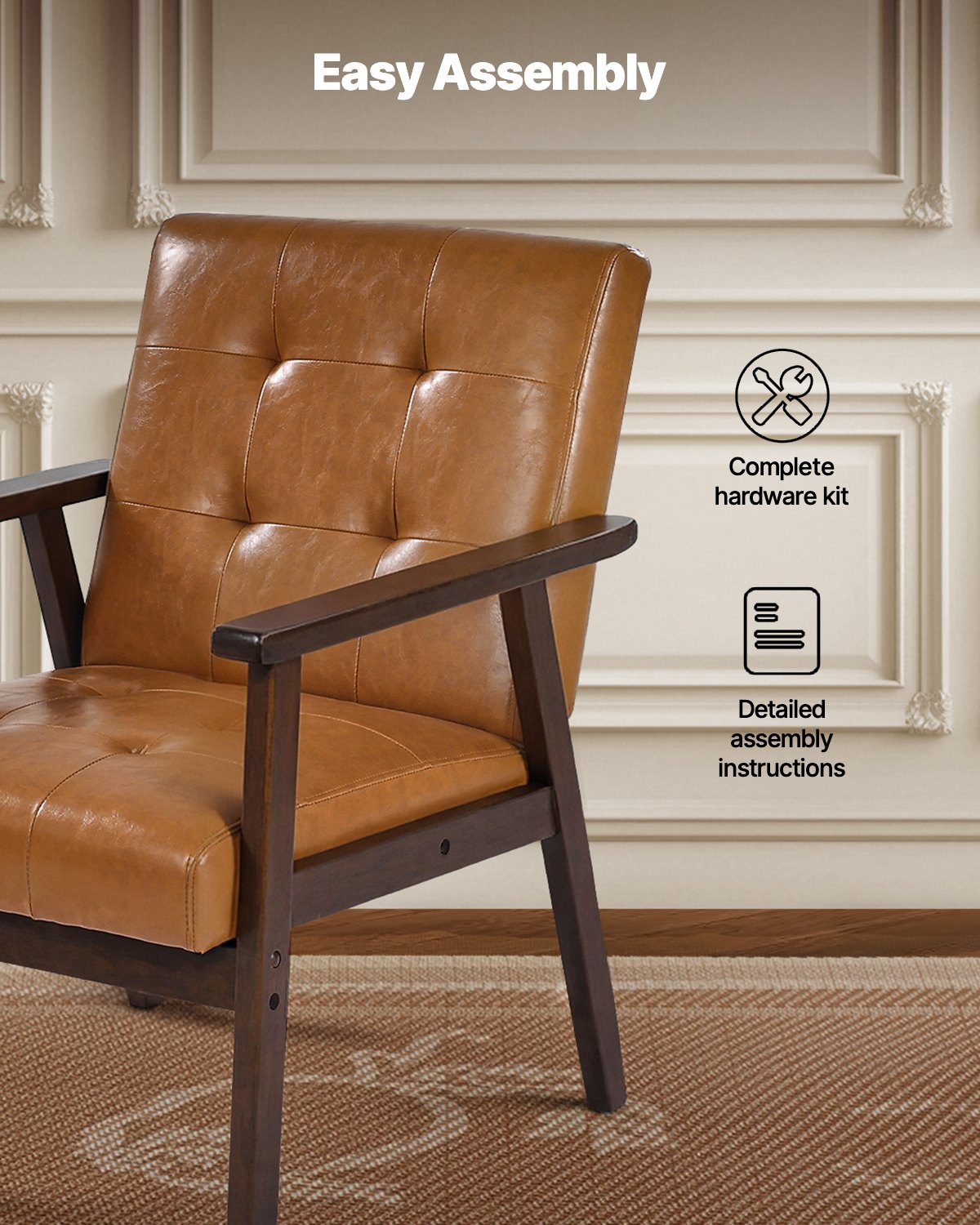 VEVOR Accent Chair, Mid Century Modern Armchair with Solid Wood Frame and Non-Slip Legs, Upholstered Leisure Chairs with PU Leather and Soft Cushion, for Living Room, Bedroom, Study, Office & Balcony