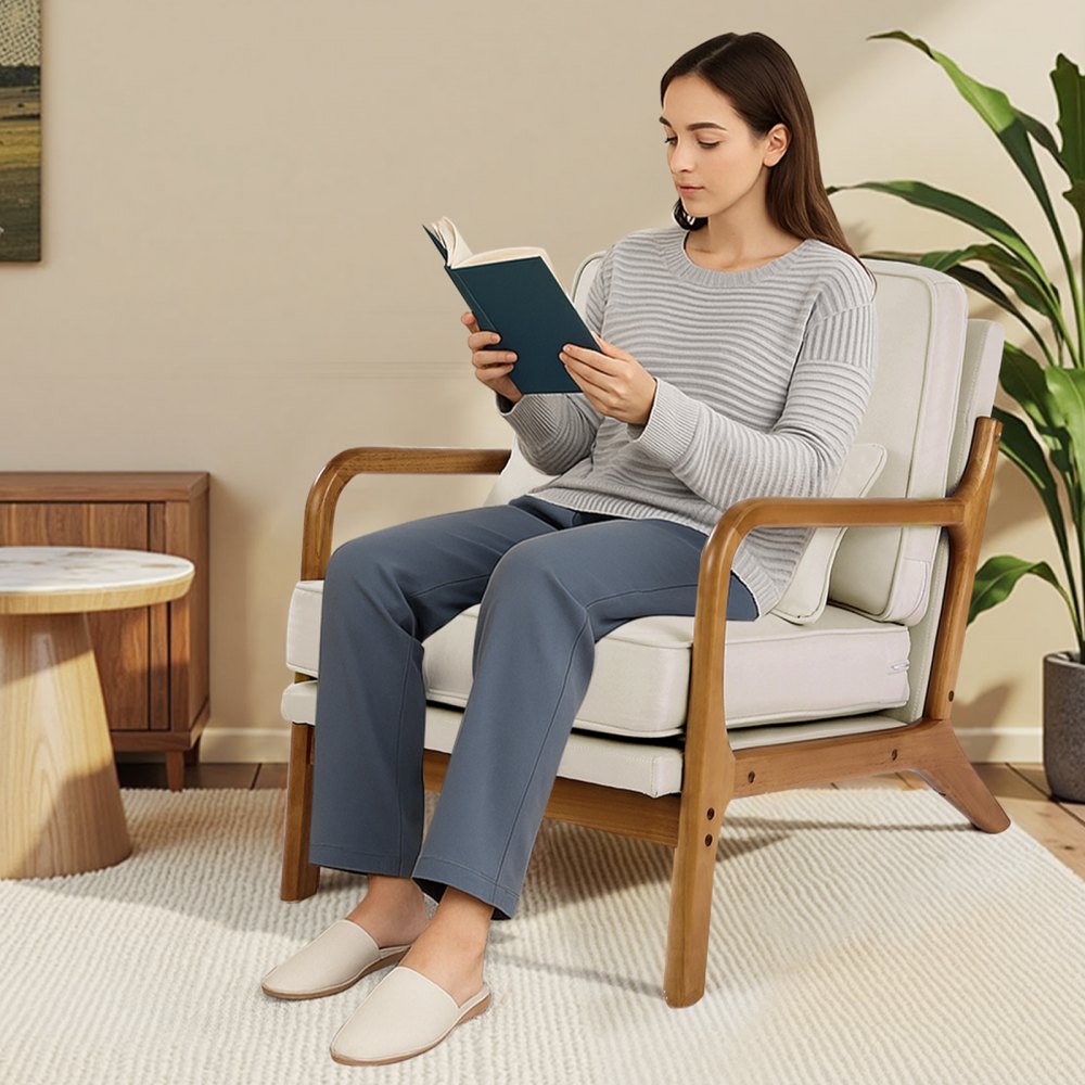VEVOR Akzentstuhl Sessel modern mit Massivholzrahmen & rutschfesten Beinen, gepolsterter Freizeitstuhl mit Leinenstoff und 145 mm dickem, verdicktem Kissen, für Wohnzimmer Schlafzimmer Büro