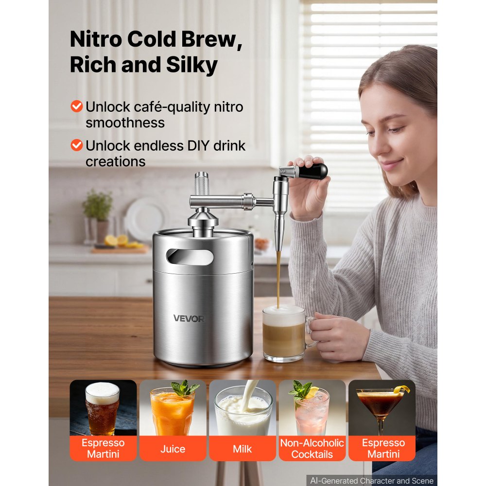 VEVOR Nitro-Cold-Brew-Kaffeefass 4 L, Edelstahl-Kaffeemaschine mit Zapfhahn, Heimbrüh-Kaffeefass, Tragbares Kaffeefass mit Spender und Druckentlastungsventil, Geeignet für Kaffeeliebhaber