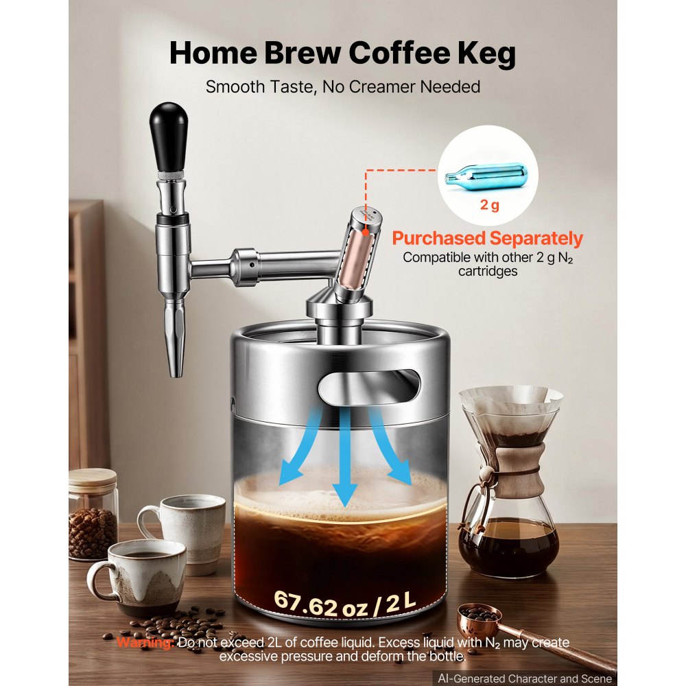 VEVOR Nitro-Cold-Brew-Kaffeefass 4 L, Edelstahl-Kaffeemaschine mit Zapfhahn, Heimbrüh-Kaffeefass, Tragbares Kaffeefass mit Spender und Druckentlastungsventil, Geeignet für Kaffeeliebhaber