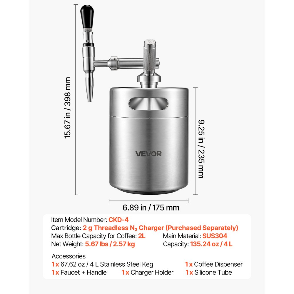 VEVOR Nitro-Cold-Brew-Kaffeefass 4 L, Edelstahl-Kaffeemaschine mit Zapfhahn, Heimbrüh-Kaffeefass, Tragbares Kaffeefass mit Spender und Druckentlastungsventil, Geeignet für Kaffeeliebhaber