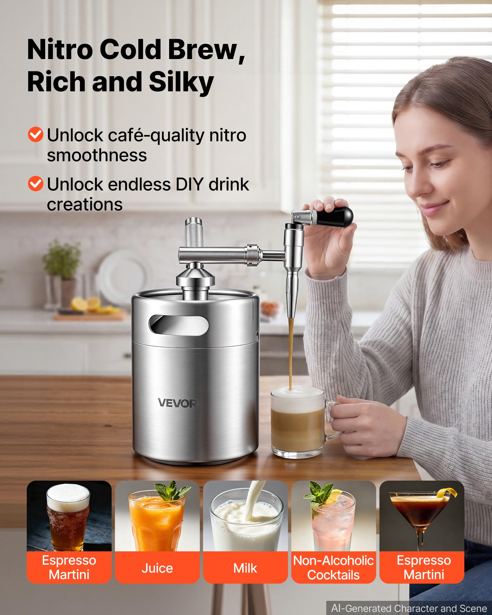 VEVOR Nitro-Cold-Brew-Kaffeefass 4 L, Edelstahl-Kaffeemaschine mit Zapfhahn, Heimbrüh-Kaffeefass, Tragbares Kaffeefass mit Spender und Druckentlastungsventil, Geeignet für Kaffeeliebhaber