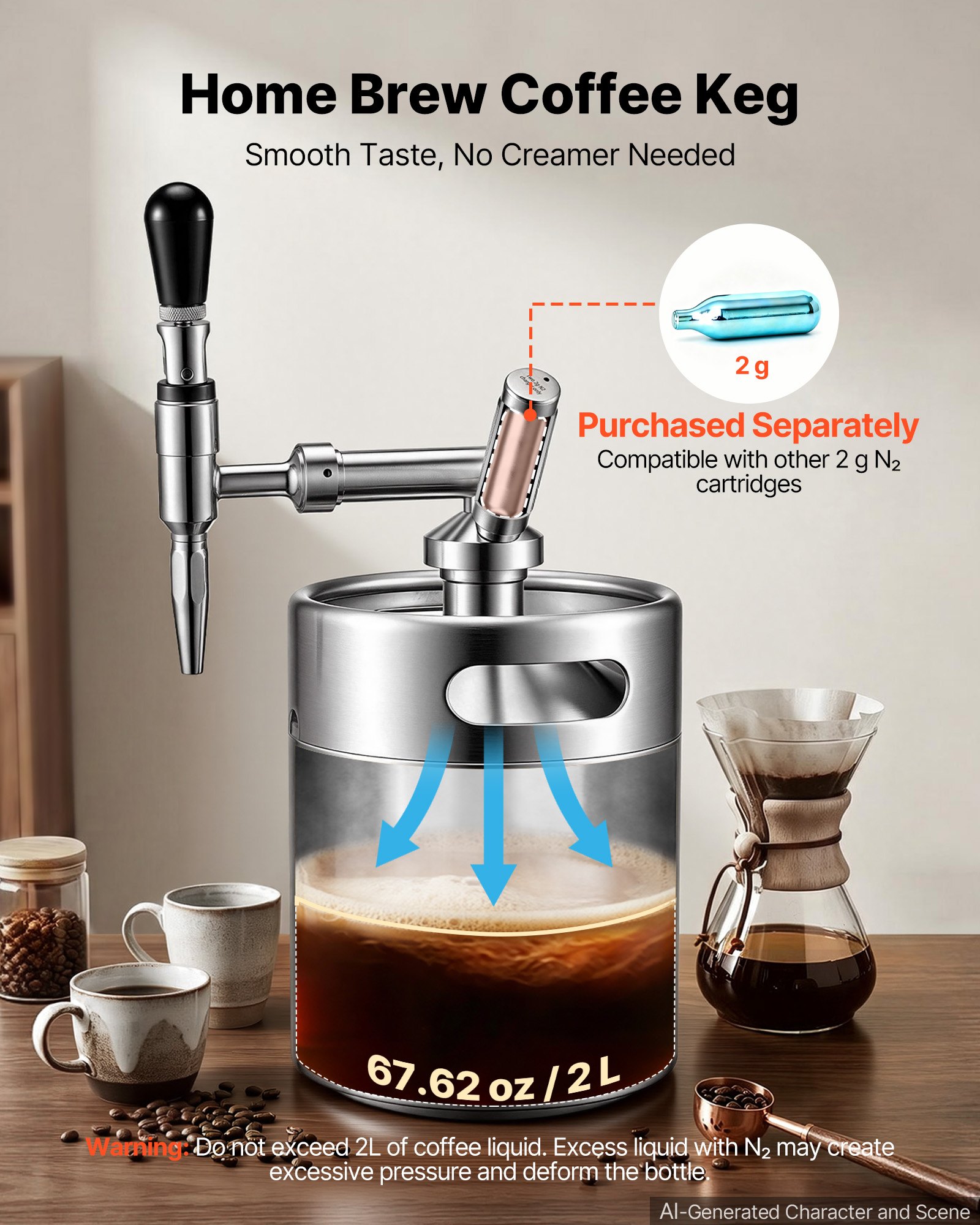 VEVOR Nitro-Cold-Brew-Kaffeefass 4 L, Edelstahl-Kaffeemaschine mit Zapfhahn, Heimbrüh-Kaffeefass, Tragbares Kaffeefass mit Spender und Druckentlastungsventil, Geeignet für Kaffeeliebhaber