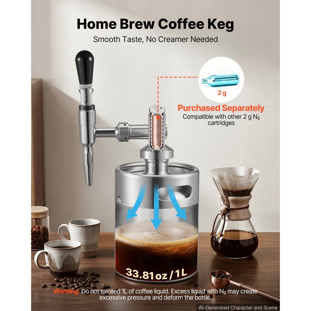 VEVOR Nitro-Cold-Brew-Kaffeefass 2 L, Edelstahl-Kaffeemaschine mit Zapfhahn, Heimbrüh-Kaffeefass, Tragbares Kaffeefass mit Spender und Druckentlastungsventil, Geeignet für Kaffeeliebhaber