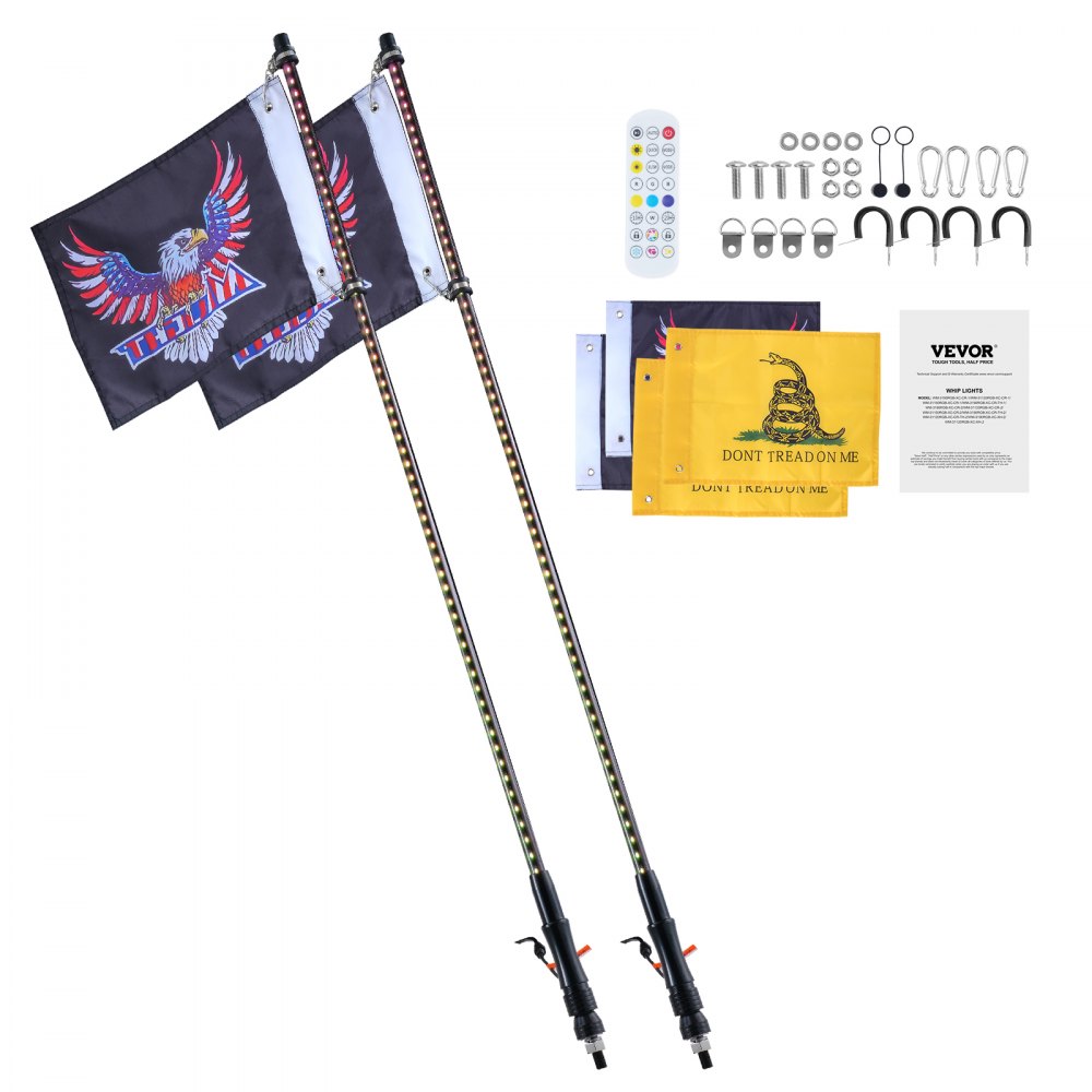 VEVOR 2 Stk. Peitschenlicht 91 cm, LED-Peitschenlicht mit APP & RF-Fernbedienung, wasserdichte RGB-Jagende-beleuchtete Peitschen mit 4 Flaggen, für UTVs, ATVs, Motorräder, RZR, Lkws, Offroad