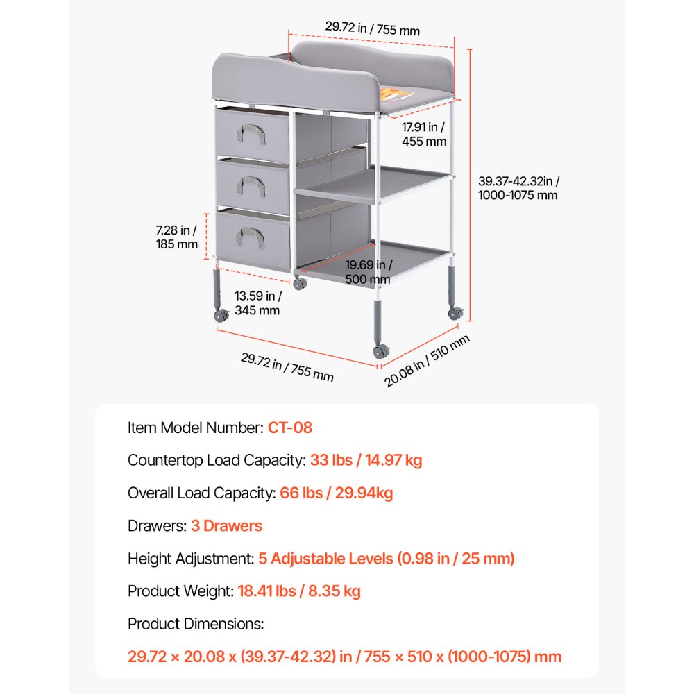 VEVOR Baby Changing Table, Portable Diaper Change Station with 3 Fabric Drawers and Lockable Wheels, Adjustable Height Multi-Functional Changing Station Table with Storage Organizer Nursery, Gray