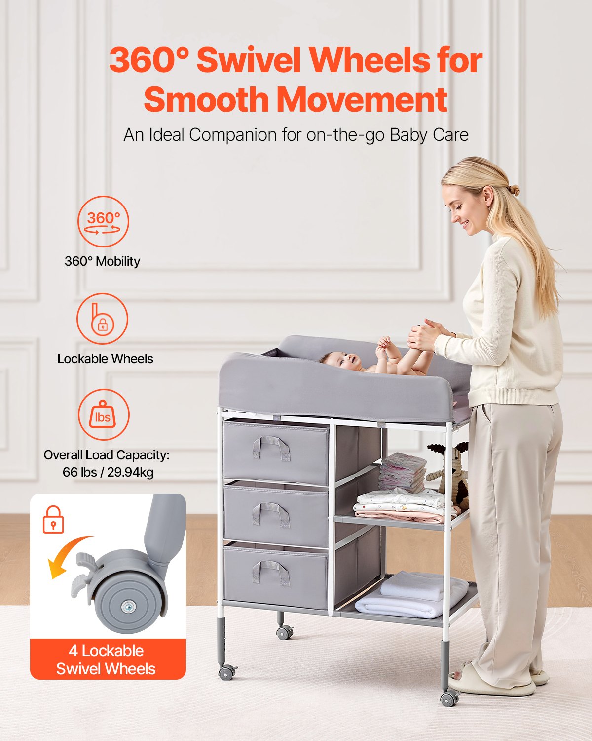 VEVOR Baby Changing Table, Portable Diaper Change Station with 3 Fabric Drawers and Lockable Wheels, Adjustable Height Multi-Functional Changing Station Table with Storage Organizer Nursery, Gray