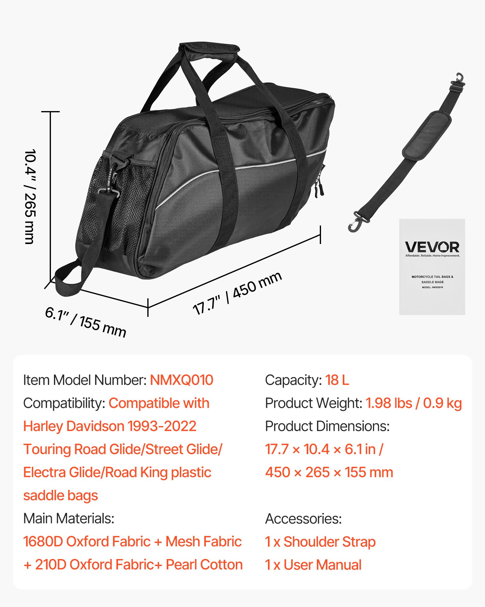 VEVOR Motorradtasche Satteltasche Innentasche 18 L Aufbewahrungstasche für Reisegepäck, kompatibel mit Harley Davidson 1993–2022 Touring Road/Street Glide/Electra Glide/Road King Satteltasche