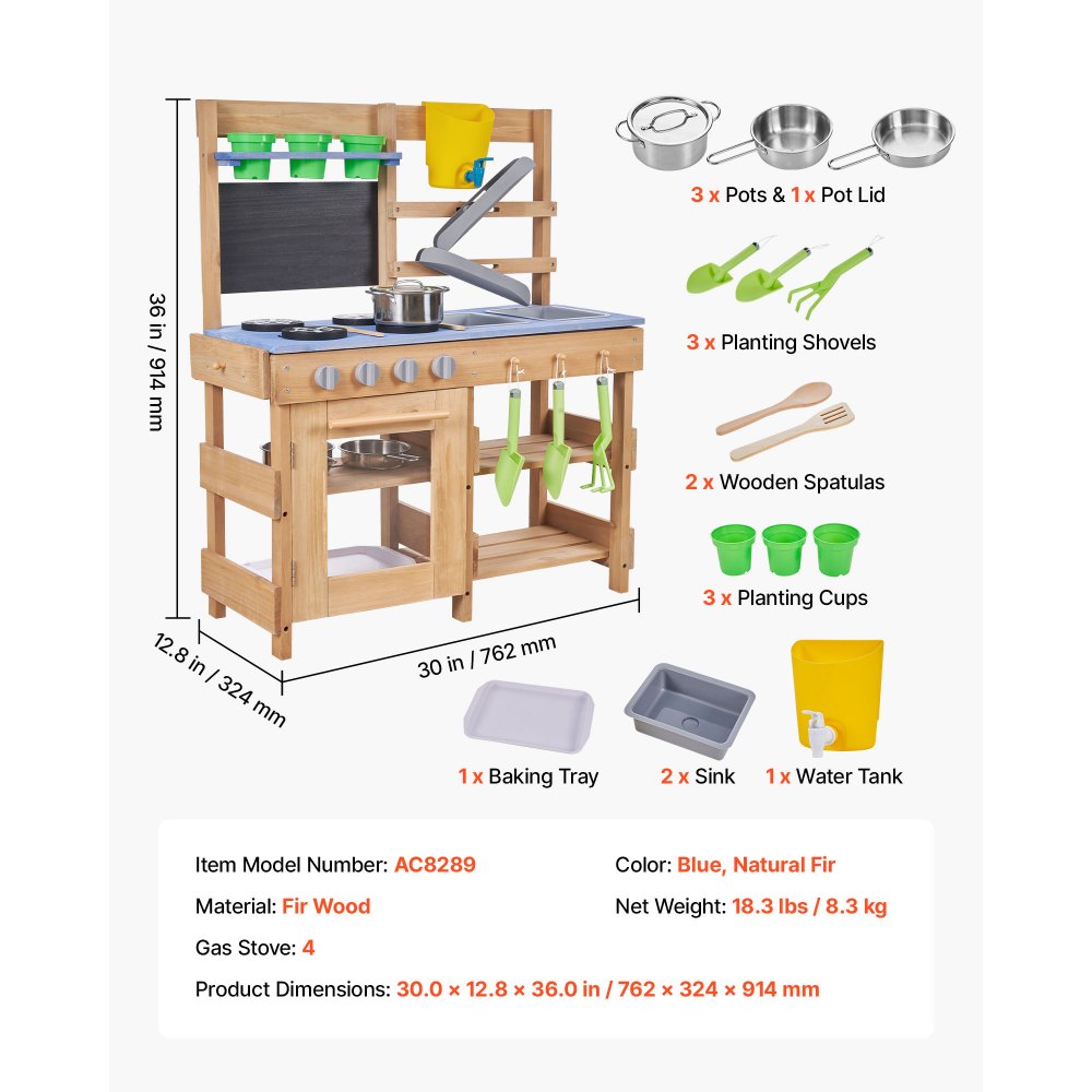 VEVOR Spielküche, Kinderküche, Spielzeugküche mit Herd, Haken, Spülbecken, Pflanzspaten, Pfannenwendern, Griffen, Kochgeschirr & Zubehör, Holzküche für KInder ab 3 Jahren, 762x324x914 mm