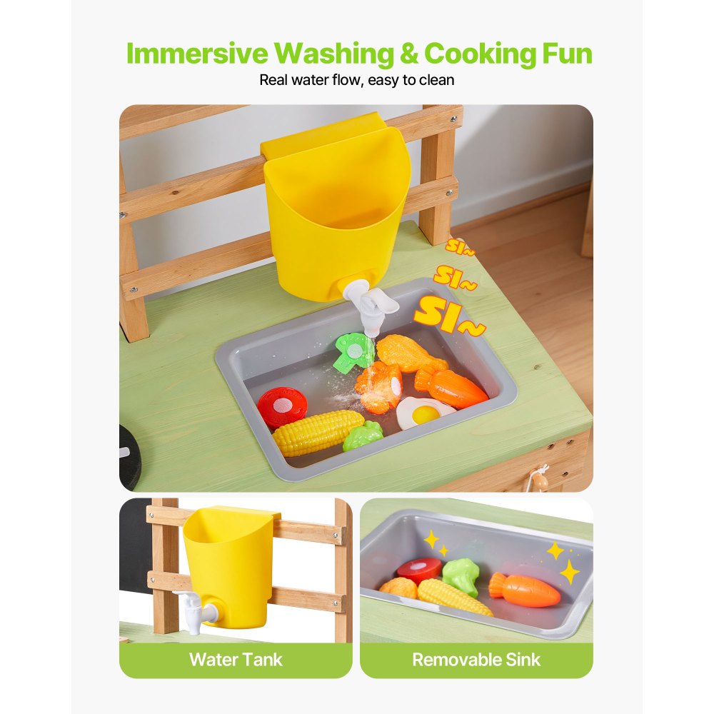 VEVOR Mud Kitchen, Outdoor Mud Kitchen for Kids, Wood Outdoor Play Kitchens with Stoves, Tank, Sink, Planting Shovels, Spatulas, Box, Cookware Pots and Accessories, Wooden Play Kitchens for Home, Lawn