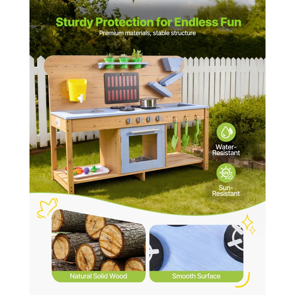 VEVOR Spielküche, Kinderküche mit Herd, Haken, Doppelspülbecken, Pflanzspaten, Pfannenwendern, Kochgeschirr & Zubehör, Spielzeugküche zum Spielen mit Wasser & Sand, Holzküche, 1220x425x930 mm