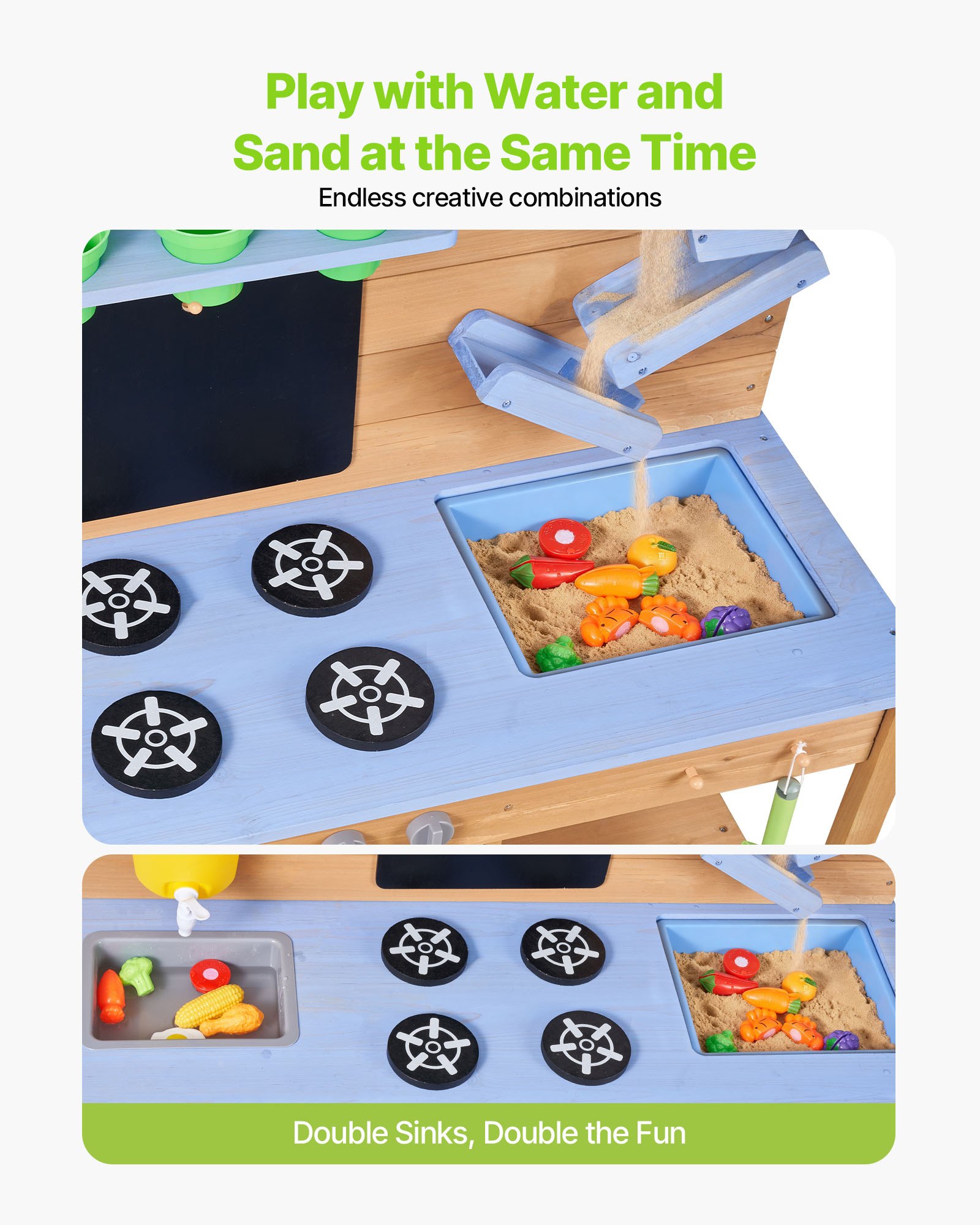 VEVOR Spielküche, Kinderküche mit Herd, Haken, Doppelspülbecken, Pflanzspaten, Pfannenwendern, Kochgeschirr & Zubehör, Spielzeugküche zum Spielen mit Wasser & Sand, Holzküche, 1220x425x930 mm