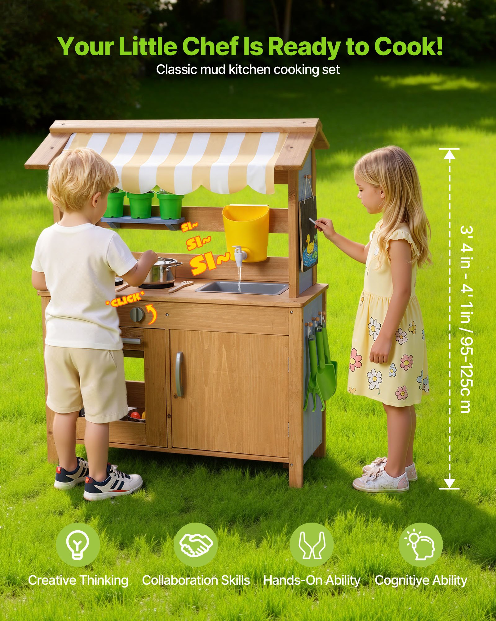 VEVOR Spielküche, Kinderküche, Spielzeugküche mit Löffeln, Spülbecken, Wassertank, Sonnenschutz, Schaufeln, Kochgeschirr & Zubehör, Outdoor-Holzküche für Kinder ab 3 Jahren, 795x339x1000mm