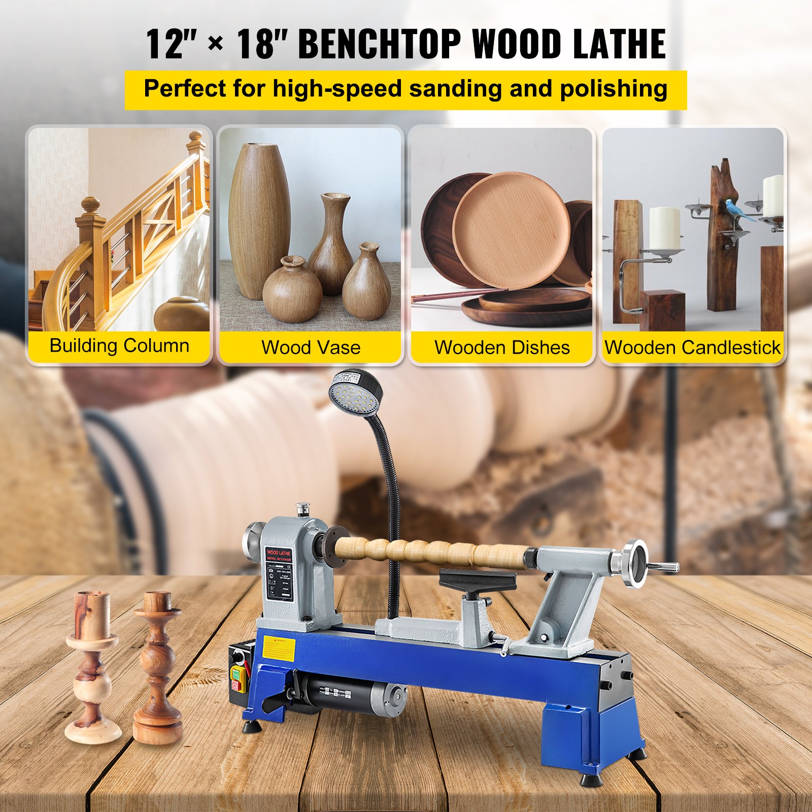 VEVOR Drechselbank, Drechselbank, Holzdrechselbank einphasig, Drehbank Holz mit MT 2 Spindel, Tischdrehbank, Tischdrechselbank für Bearbeitung mit Materialien in kleinem Maßstab  550 W 650-3800 U/min