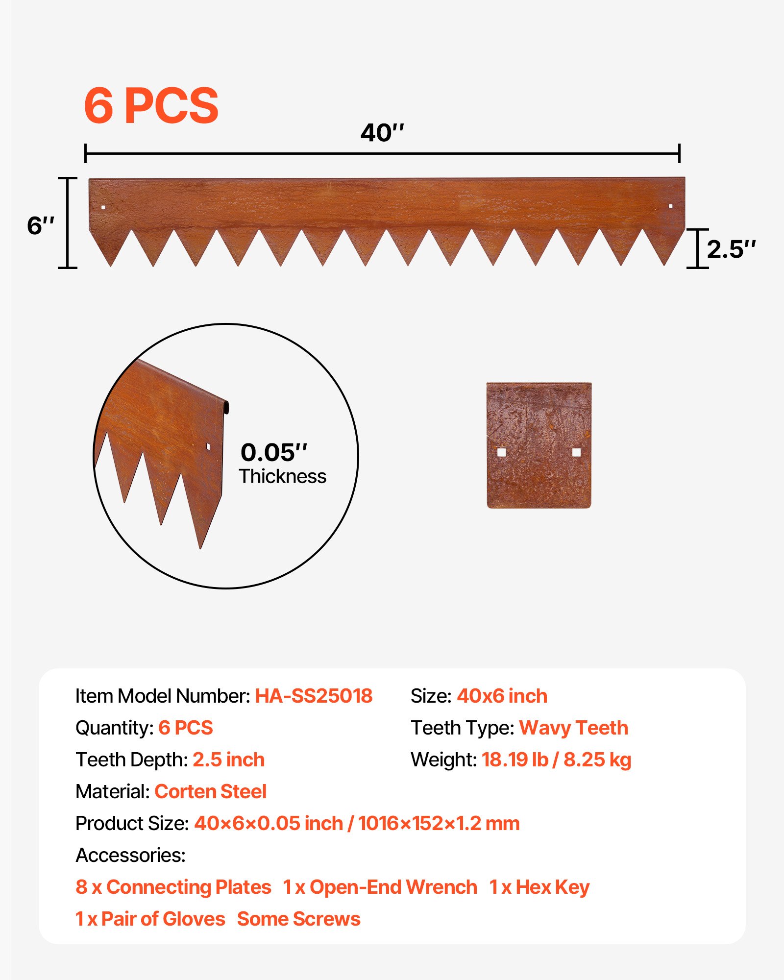VEVOR Rasenkante, 6er-Pack, 1016x152 mm, Cortenstahl Beeteinfassung mit 8 Verbindungsplatten, Biegsame Beetbegrenzung, Rasenbleche, Mähkante Metall Gartenpalisade für Blumenbeete, Gartenwege