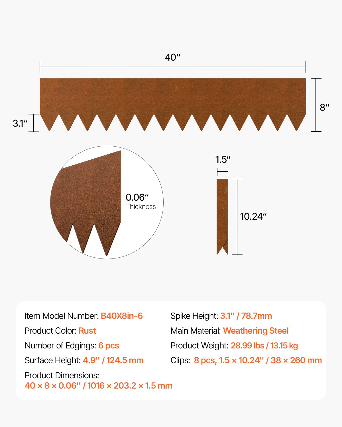 VEVOR Rasenkante, 6er Pack, 1016 x 203,2 x 1,5 mm, Gartenpalisade aus Metall, Beeteinfassung, Beetumrandung, biegbare Garteneinfassung, Raseneinfassung für Blumenbeete, Hofwegteiler