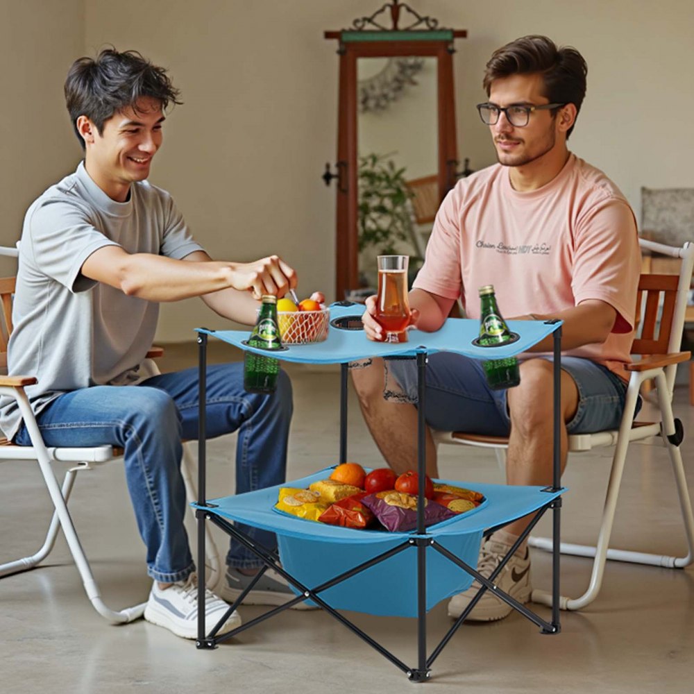 VEVOR Klapptisch Buffettisch tragbarer Allzwecktisch 56 cm, wasserfester Tisch aus 600D Oxford Gewebe mit 4 Getränkehaltern, Gartentisch Campingtisch für Partys Picknick Camping Grillen BBQ, Blau
