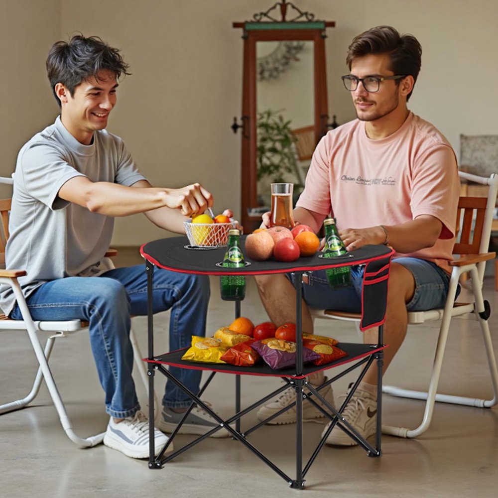 VEVOR Klapptisch Buffettisch tragbarer Allzwecktisch 72 x 72 cm, wasserfester Tisch aus 600D-Oxford-Gewebe mit Tragetasche & 4 Getränkehaltern, Gartentisch Campingtisch für Partys Picknick Schwarz