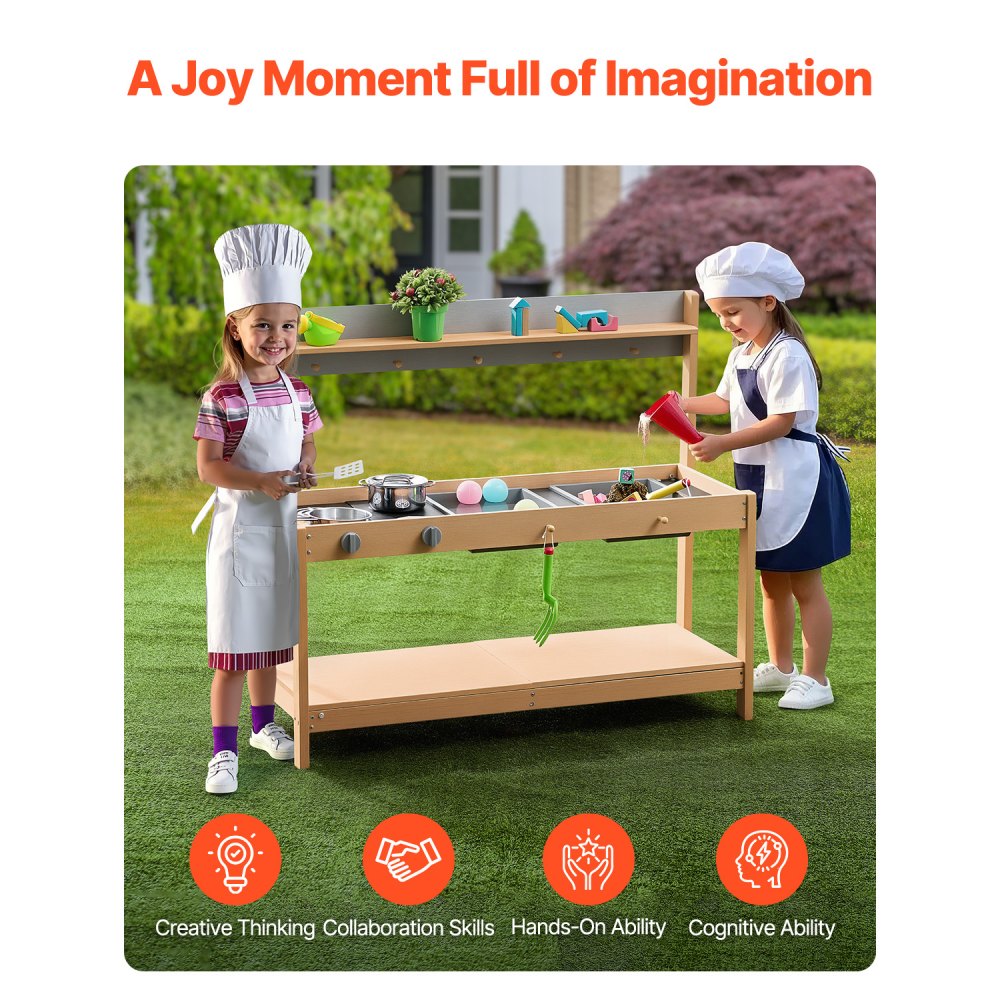 VEVOR Matschküche 1000x360x885 mm, Kinderküche, Holzspielzeug-Spielküchenset mit Zubehör, Outdoor-Spielset, Rollenspiel-Outdoor-Küche für Jungen und Mädchen, Kleinkinder-Spielküche mit Herd und Spüle