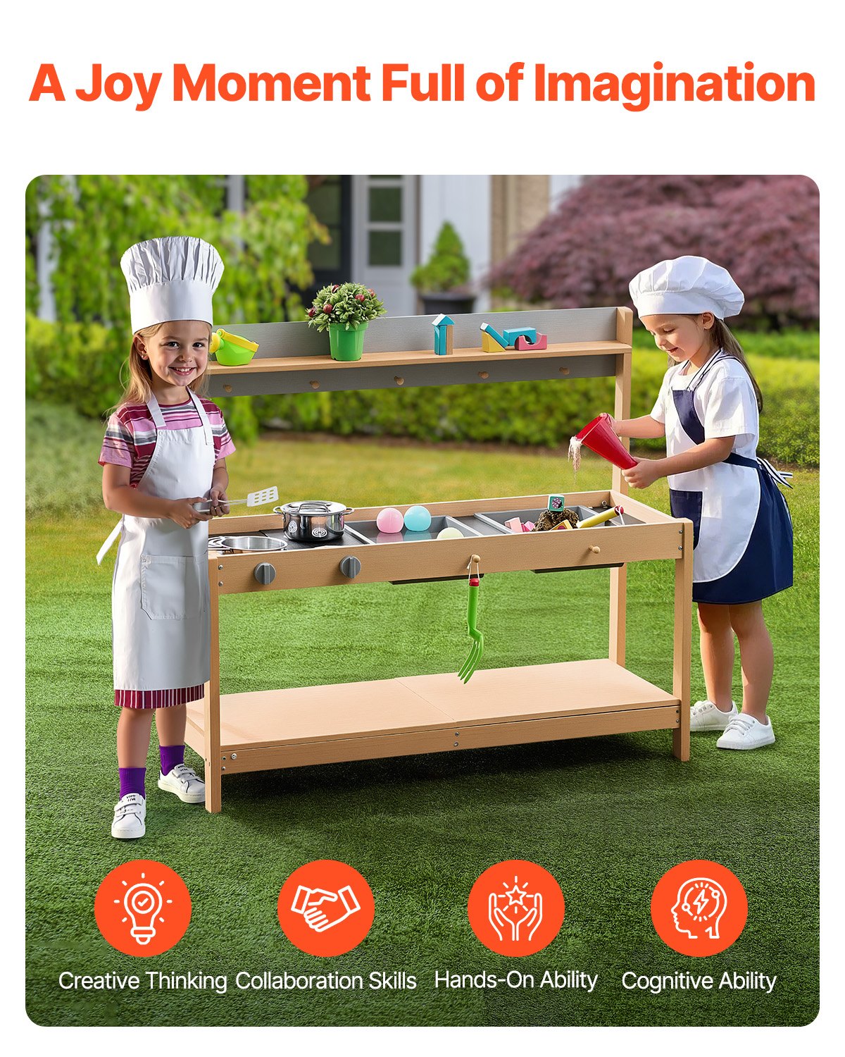 VEVOR Matschküche 1000x360x885 mm, Kinderküche, Holzspielzeug-Spielküchenset mit Zubehör, Outdoor-Spielset, Rollenspiel-Outdoor-Küche für Jungen und Mädchen, Kleinkinder-Spielküche mit Herd und Spüle