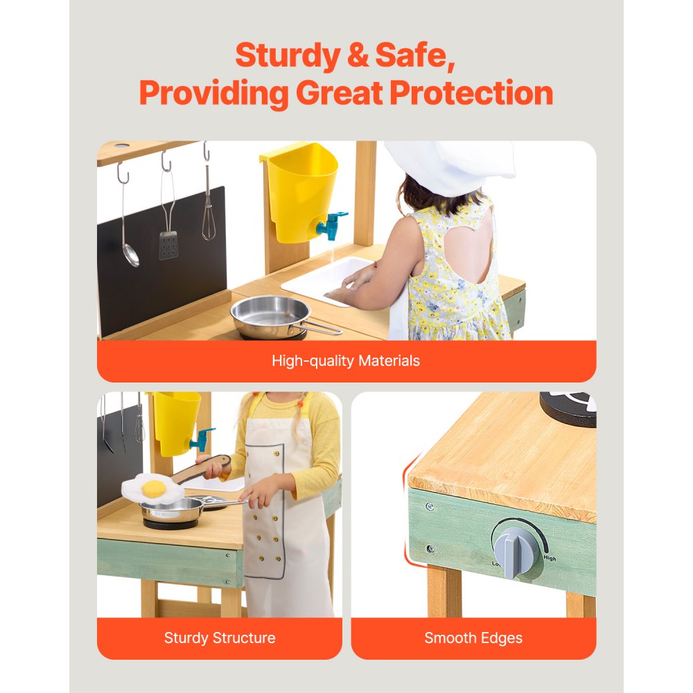 VEVOR Matschküche Kinderküche Spielküche Holzspielzeug mit Zubehör 762x391x914mm