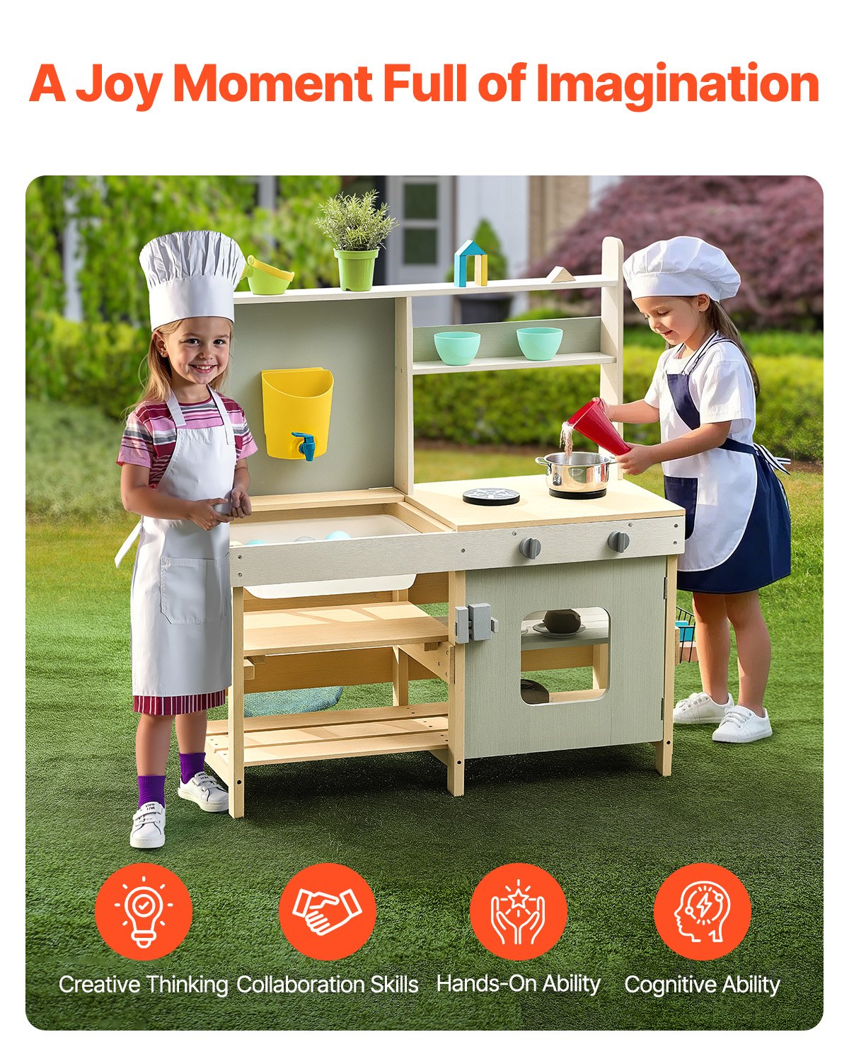 VEVOR Mud Kitchen 890x990x380 mm, Wooden Play Kitchen Set, Outdoor Children's Kitchen, Play Kitchen with Stove, Tank, Tap, Storage Bag, Metal Baskets and Cooking Pots