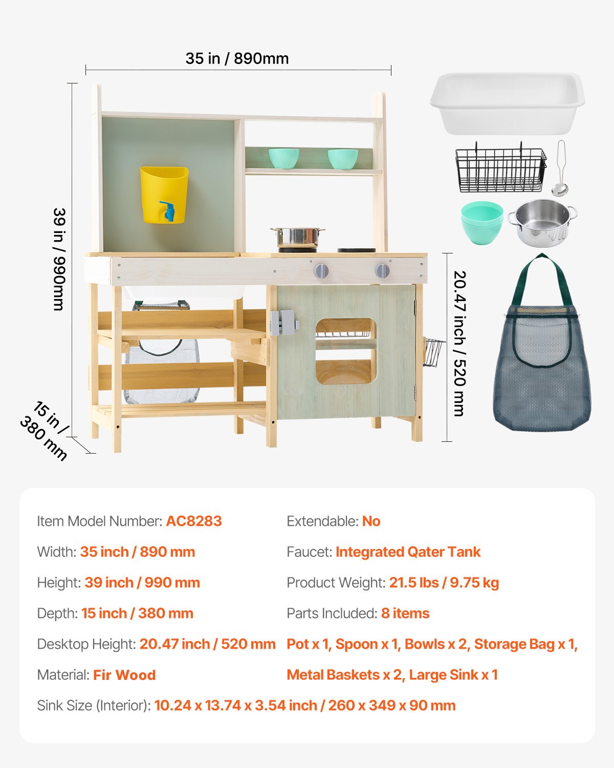 VEVOR Mud Kitchen 890x990x380 mm, Wooden Play Kitchen Set, Outdoor Children's Kitchen, Play Kitchen with Stove, Tank, Tap, Storage Bag, Metal Baskets and Cooking Pots