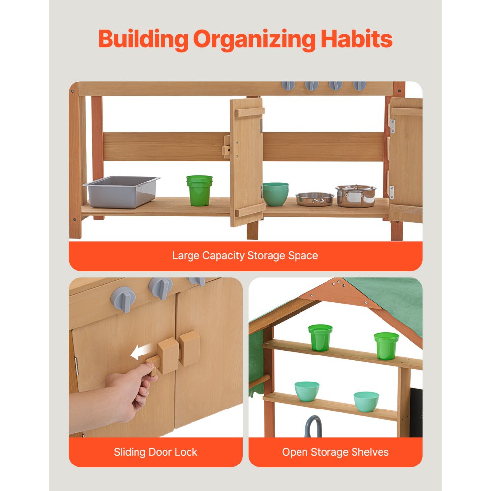VEVOR Matschküche für Kinder, Holzspielzeug-Spielküchenset mit Zubehör, Kinderküche im Freien, Rollenspielküche inkl. Zubehör, darunter Herd, Pflanzkästen, Spüle, Wasserhahn, Tafel, Kochgeschirr