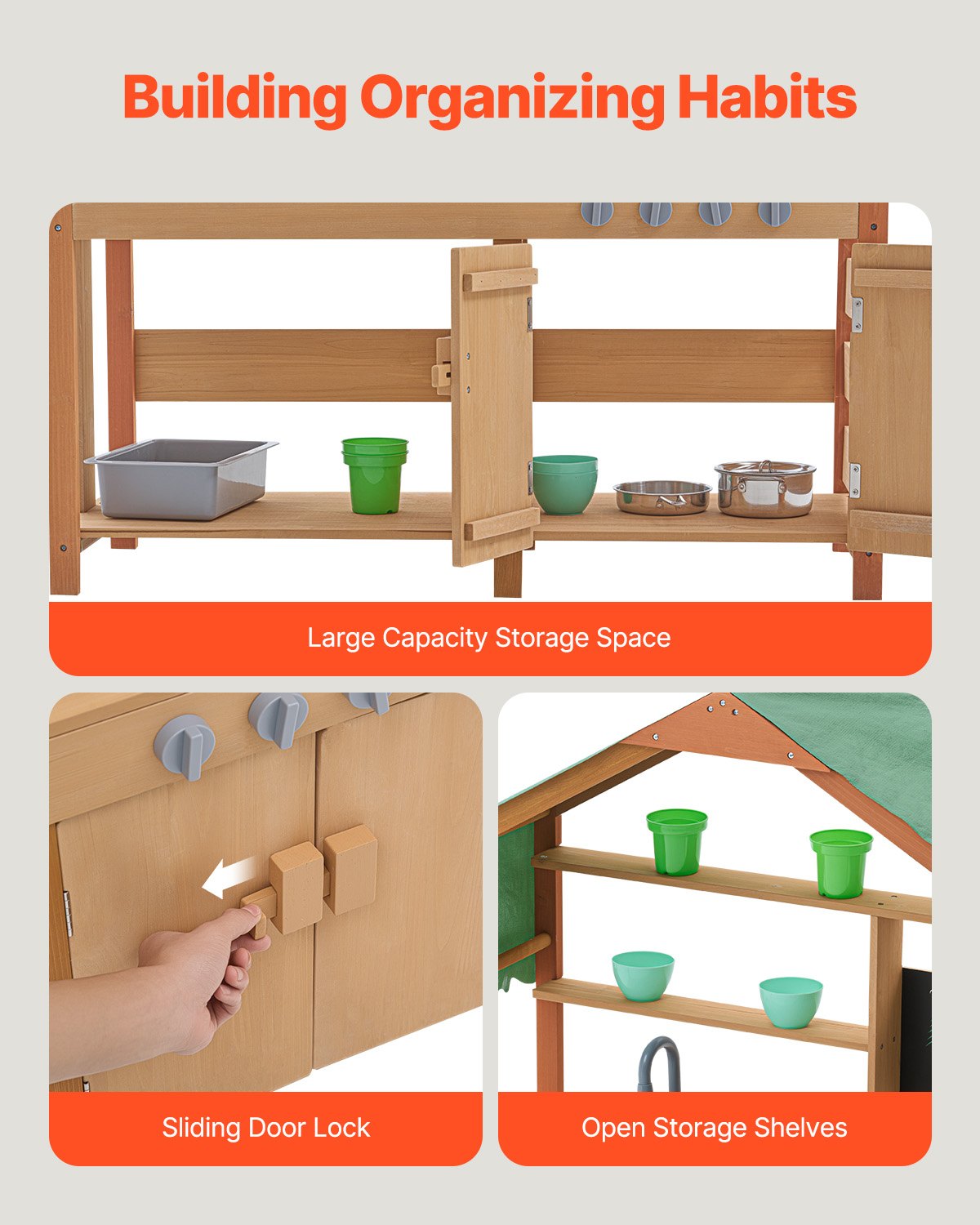 VEVOR Matschküche für Kinder, Holzspielzeug-Spielküchenset mit Zubehör, Kinderküche im Freien, Rollenspielküche inkl. Zubehör, darunter Herd, Pflanzkästen, Spüle, Wasserhahn, Tafel, Kochgeschirr