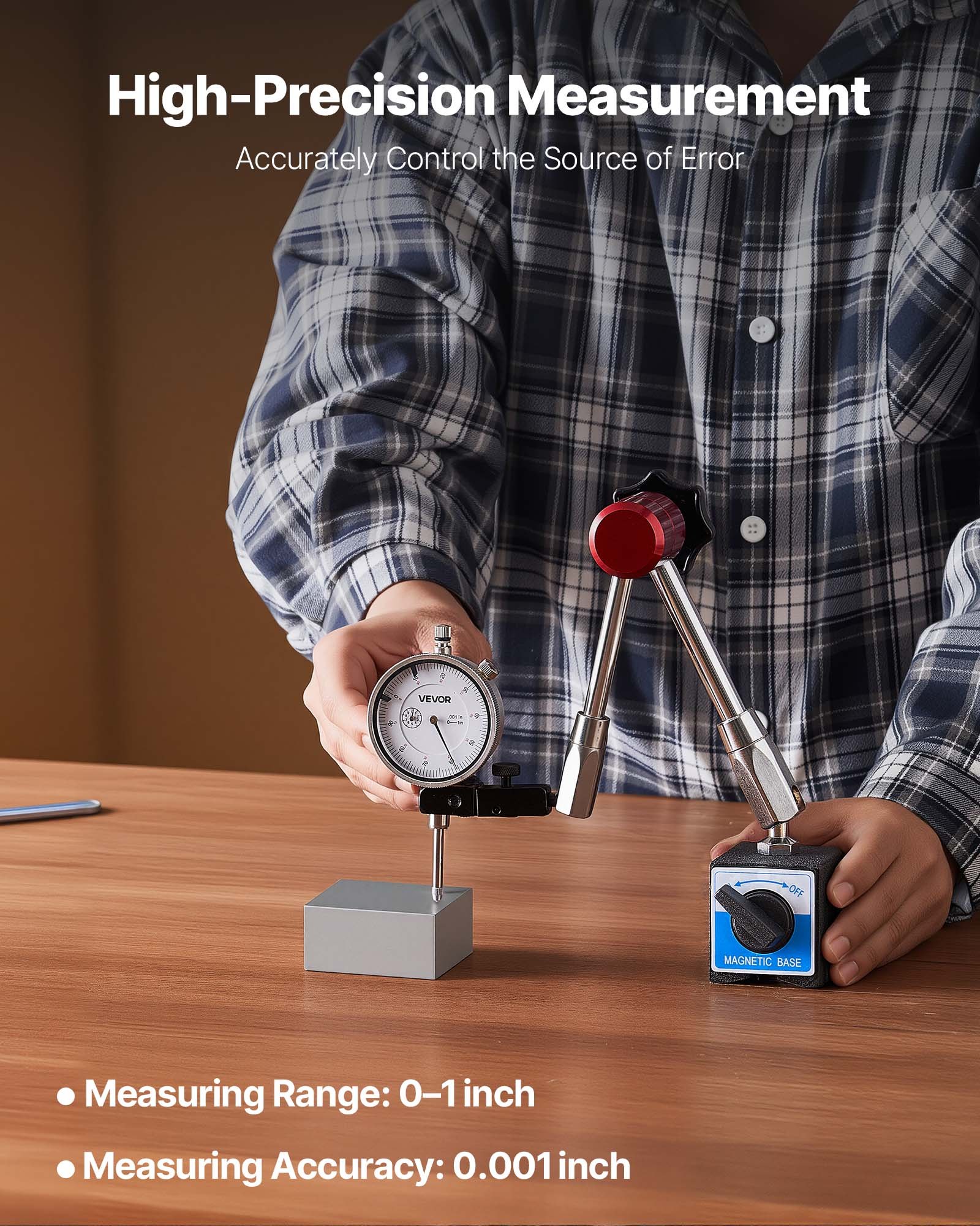 VEVOR Messuhr mit Magnetstativ, Magnetfuß, 0,03 mm Genauigkeit, 0–25,4 mm Bereich, Messuhrhalter, professionell für die Maschineneinrichtung, Messung schmaler Bereiche, leicht abzulesen