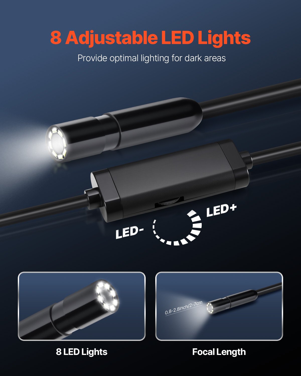 VEVOR Endoskopkamera mit 15 m langem Kabel, 1920P HD-Inspektionskamera für Android & iOS, industrielle Kanal-Kamera mit Licht – 8 LEDs, 2-facher Zoom, IP67-Schlangenkamera für Auto, Sanitär