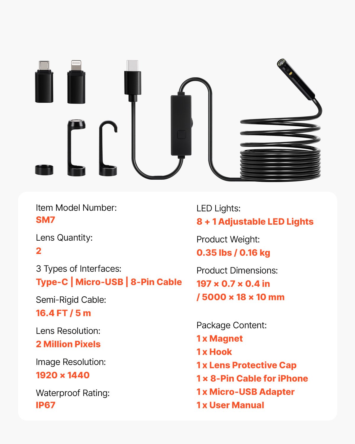 VEVOR Endoskopkamera mit Licht, Dual Lens Endoskop für Android & iOS, 1920P HD-Inspektionskamera mit 8+1 LED-Licht, 2-fachem Zoom, 5 m Kabel, wasserdichte IP67-Kanalkamera für Auto, Sanitär