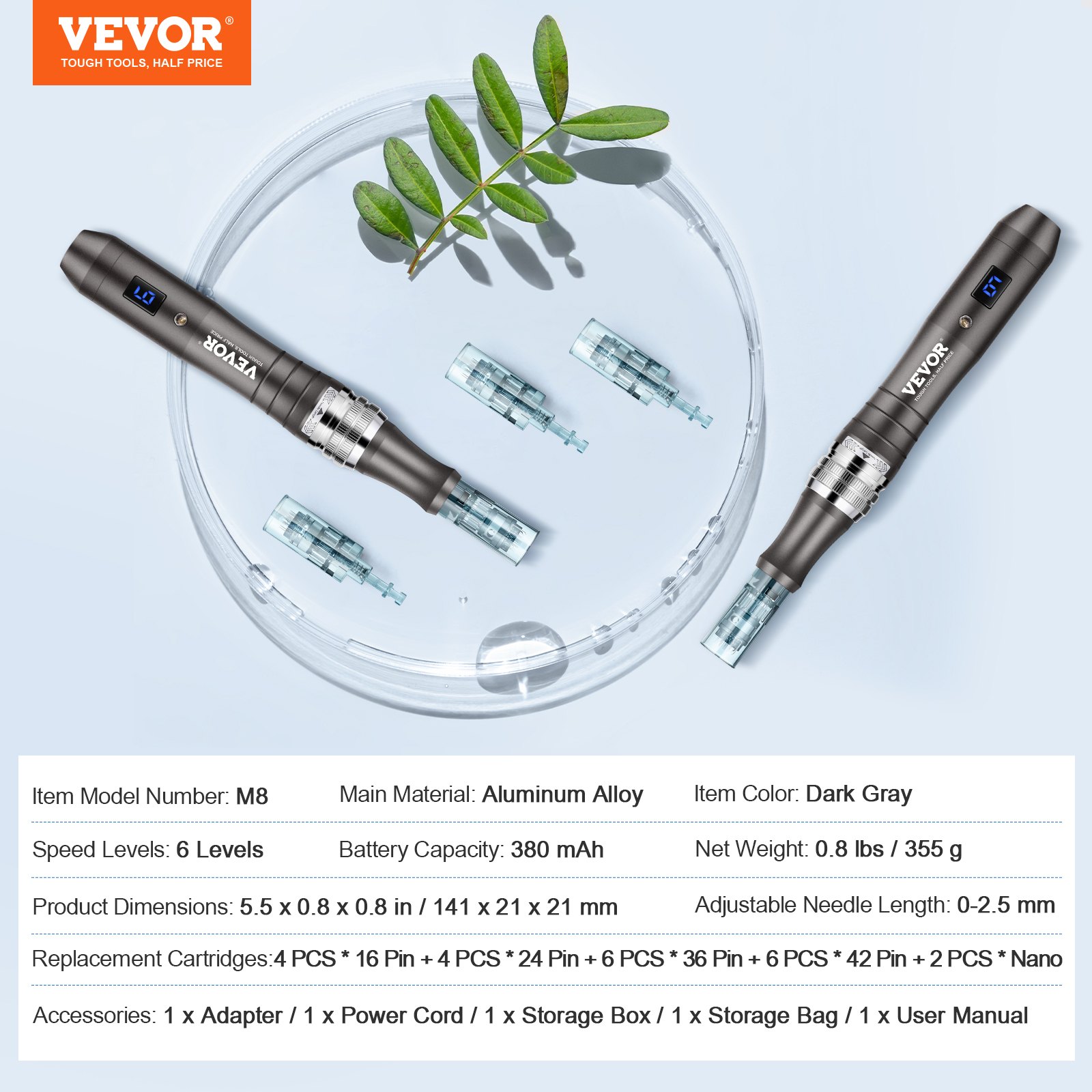 VEVOR Professioneller Microneedling-Stift, elektrischer Derma-Pen mit 22 Einwegkartuschen, Dermapen-Schönheitsgerät mit 6 variablen Geschwindigkeiten, LCD-Display und einstellbarer Nadellänge von 0–2,5 mm