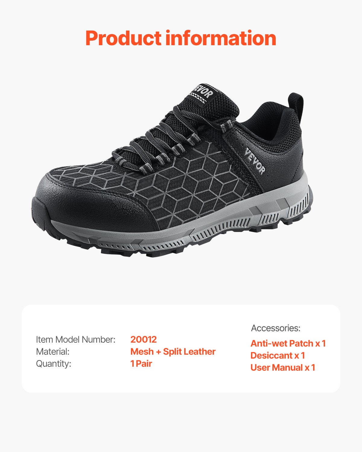 VEVOR Sicherheitsschuhe für Herren, EU-Größe 45 breit, Arbeitsschuhe mit gepolsterter Zehenpartie, unzerstörbare Sicherheits-Sneaker, atmungsaktive Schuhe für die Industrie & das Baugewerbe, schwarz