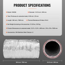 VEVOR Aluflexschlauch 7620mm lang Lüftungsschlauch Φ258mm Alu Flexrohr Luftkanal R-6 Thermischer Widerstandswert 25mm Rohrstärke Alurohr Schlauch Owens Corning-Isolierwatte Luftleitungen