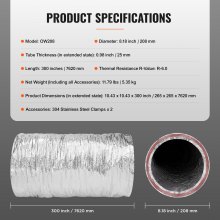 VEVOR Aluflexschlauch 7620mm lang Lüftungsschlauch Φ208mm Alu Flexrohr Luftkanal R-6 Thermischer Widerstandswert 25mm Rohrstärke Alurohr Schlauch Owens Corning-Isolierwatte Luftleitungen