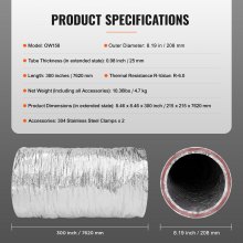 VEVOR Aluflexschlauch 7620mm lang Lüftungsschlauch Φ158mm Alu Flexrohr Luftkanal R-6 Thermischer Widerstandswert 25mm Rohrstärke Alurohr Schlauch Owens Corning-Isolierwatte Luftleitungen