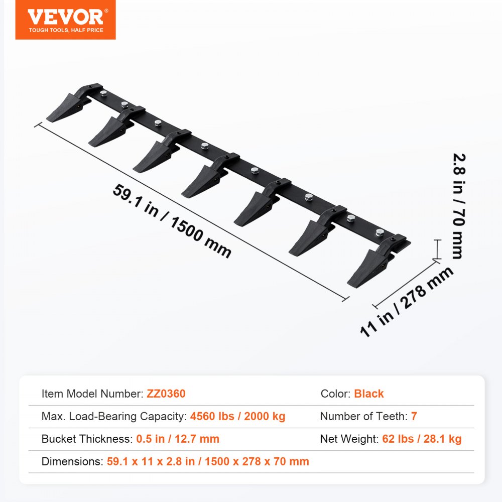 VEVOR Bucket Rack, 60 inch, Heavy-Duty Tractor Bucket, 7-Tooth Rail for Loaders, Tractors, Compact Loaders, 2096 kg Lifting Capacity, Bolt-On Design, for Efficient Soil Digging and Bucket Protection