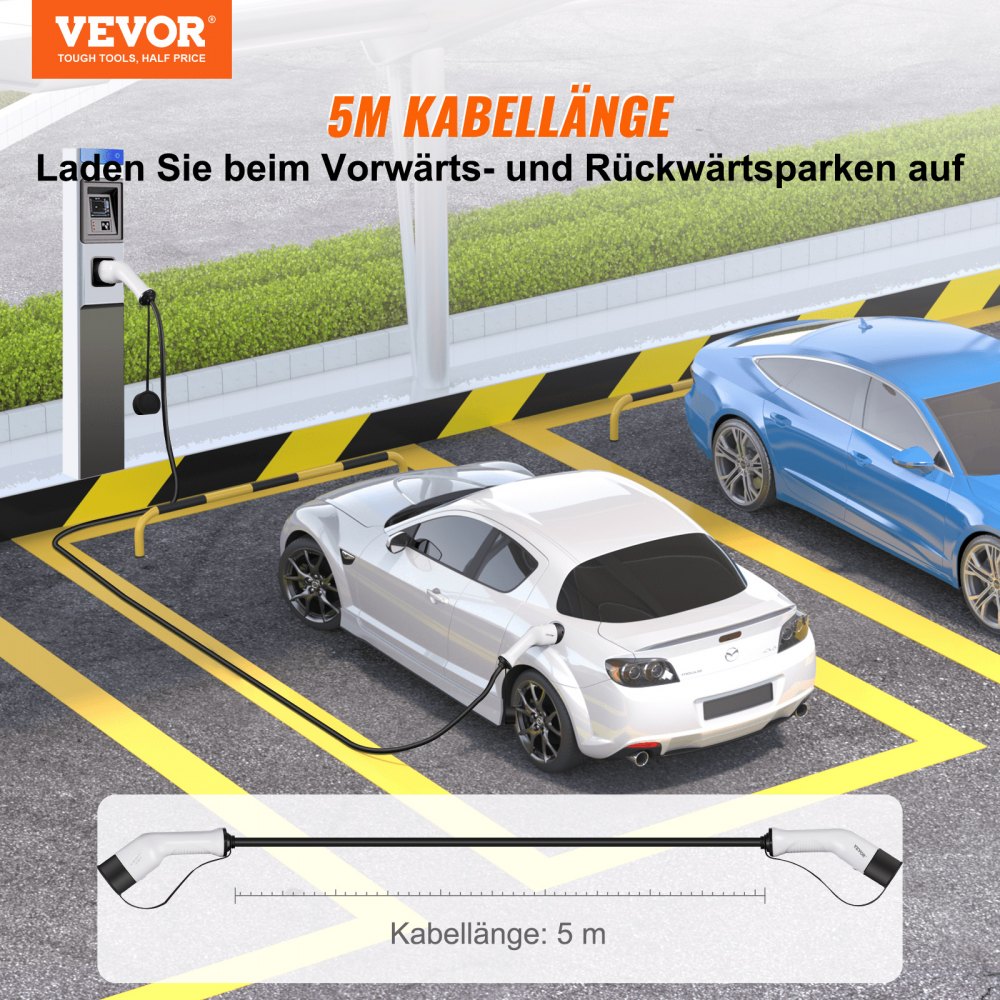 VEVOR Typ2 Ladekabel für Elektroauto/Hybrid EV Ladekabel E-Autoladekabel Wallbox 22kw TPU-Ladekabel 5m Kabellänge 3-Phase AC 380V Typ2 auf Typ2 Wasser-/Staubdicht Mit allen Typ-2-Modellen Kompatibel
