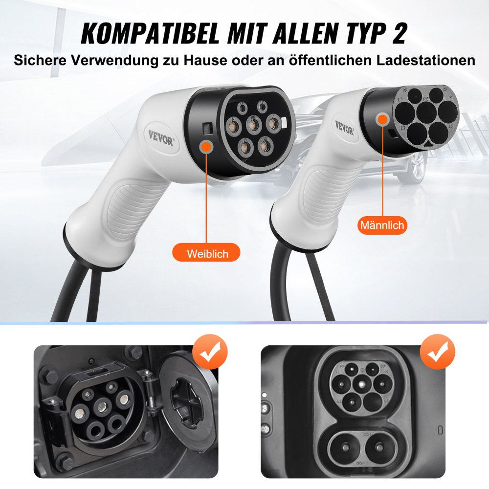VEVOR Typ2 Ladekabel für Elektroauto/Hybrid EV Ladekabel E-Autoladekabel Wallbox 22kw TPU-Ladekabel 5m Kabellänge 3-Phase AC 380V Typ2 auf Typ2 Wasser-/Staubdicht Mit allen Typ-2-Modellen Kompatibel