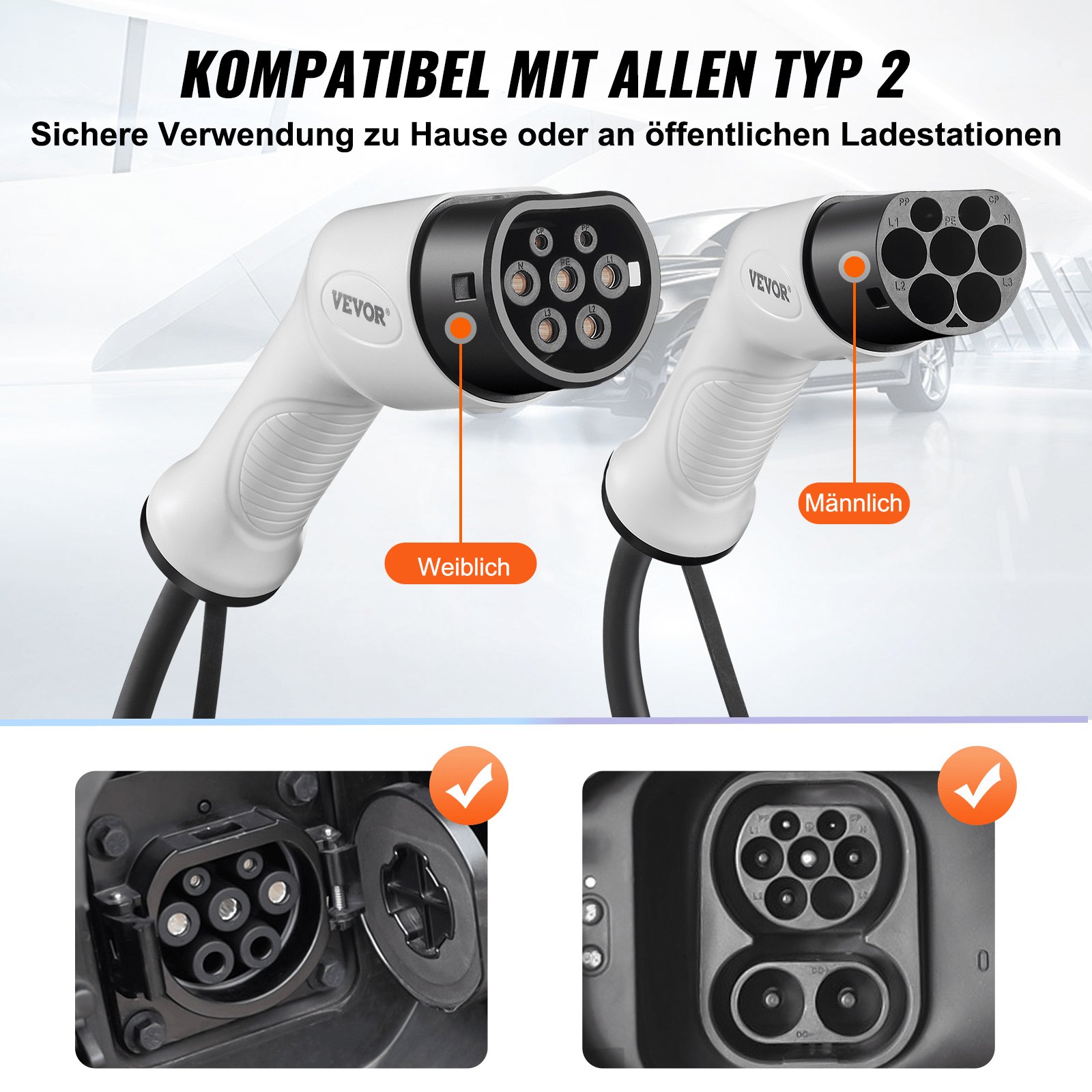 VEVOR Typ2 Ladekabel für Elektroauto/Hybrid EV Ladekabel E-Autoladekabel Wallbox 22kw TPU-Ladekabel 5m Kabellänge 3-Phase AC 380V Typ2 auf Typ2 Wasser-/Staubdicht Mit allen Typ-2-Modellen Kompatibel