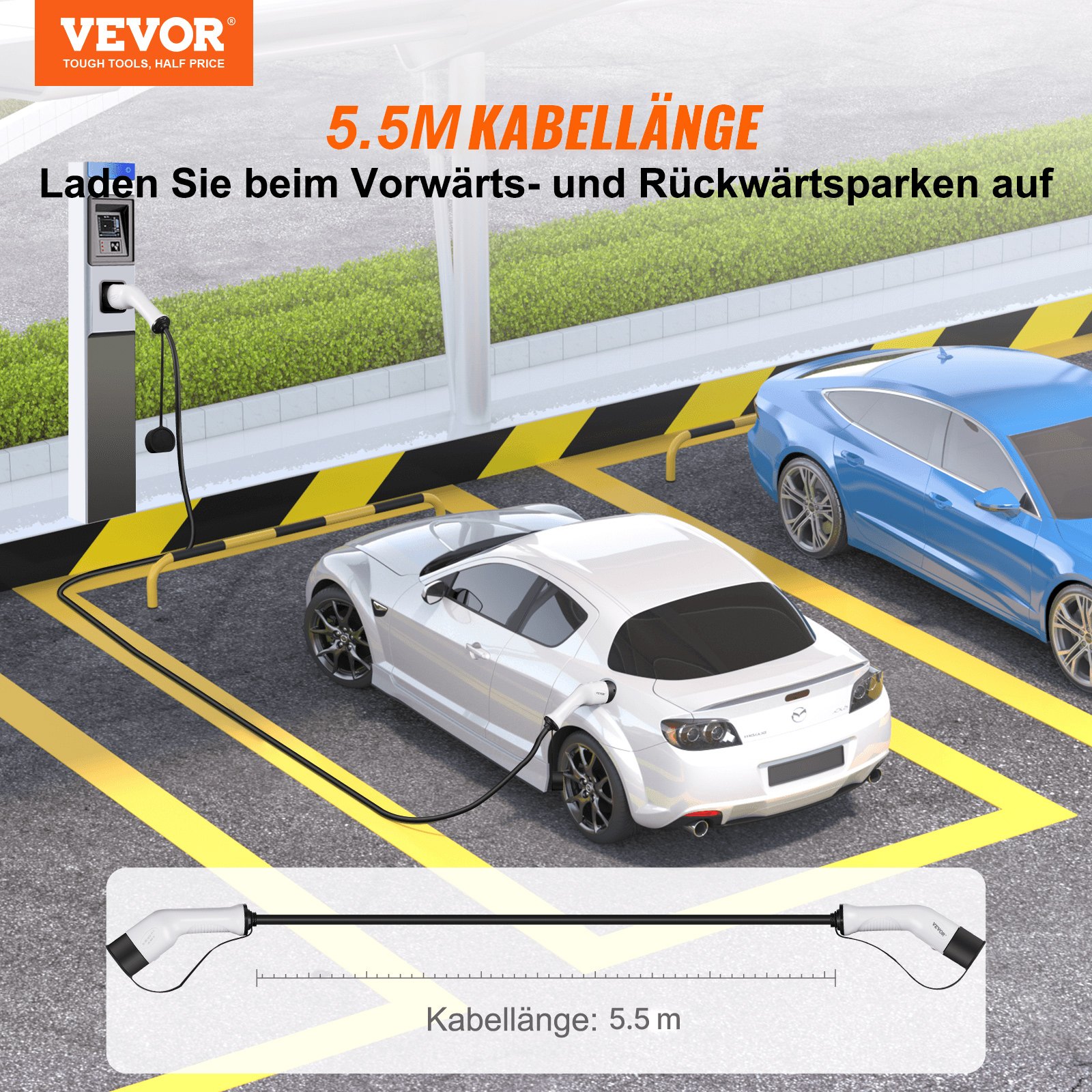 VEVOR Typ2 Ladekabel für Elektroauto/Hybrid EV Ladekabel E-Autoladekabel Wallbox 22kw TPU-Ladekabel 5,5m Kabellänge 3-Phase AC 380V Typ2 auf Typ2 Wasser-/Staubdicht Mit allen Typ-2-Modellen Kompatibel