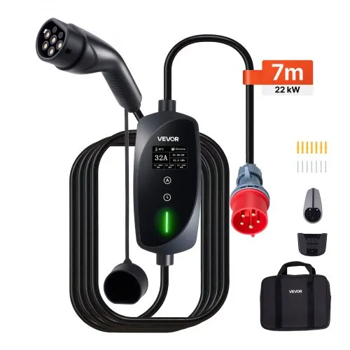 VEVOR Mobile Wallbox, 22 kW, 32 A, Typ 2 Ladestation für Elektrofahrzeuge, 3-Phasig-Ladegerät mit 7 m Ladekabel, CEE32-Stecker, LCD-Bildschirm, IP66-Steuerbox, für Elektrofahrzeuge