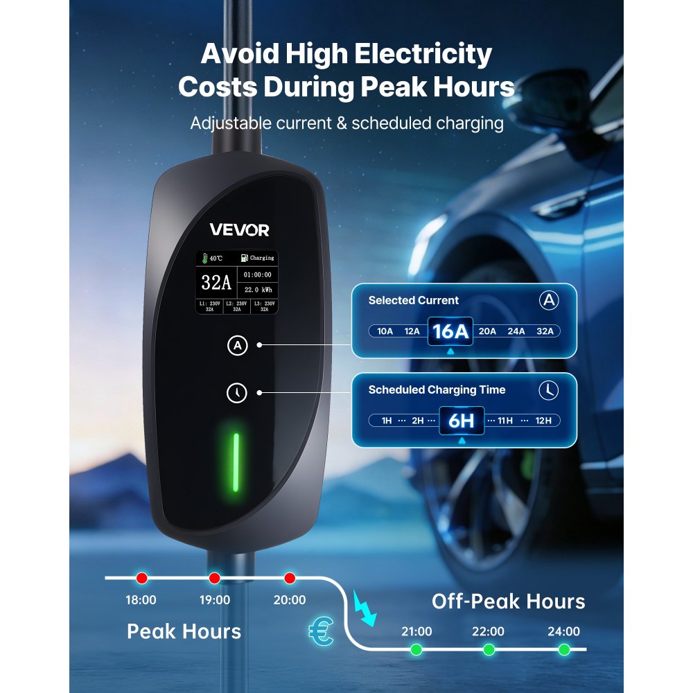 VEVOR Mobile Wallbox, 22 kW 32A, Type 2 Portable EV Charger, 3 Phase Electric Vehicle Car Charger with 7 m Charging Cable, CEE32 Plug, LCD Screen, Adjustable EV Charging Station, IP66 Control Box