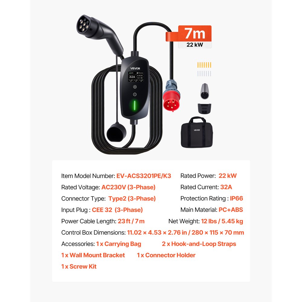 VEVOR Mobile Wallbox, 22 kW 32A, Type 2 Portable EV Charger, 3 Phase Electric Vehicle Car Charger with 7 m Charging Cable, CEE32 Plug, LCD Screen, Adjustable EV Charging Station, IP66 Control Box