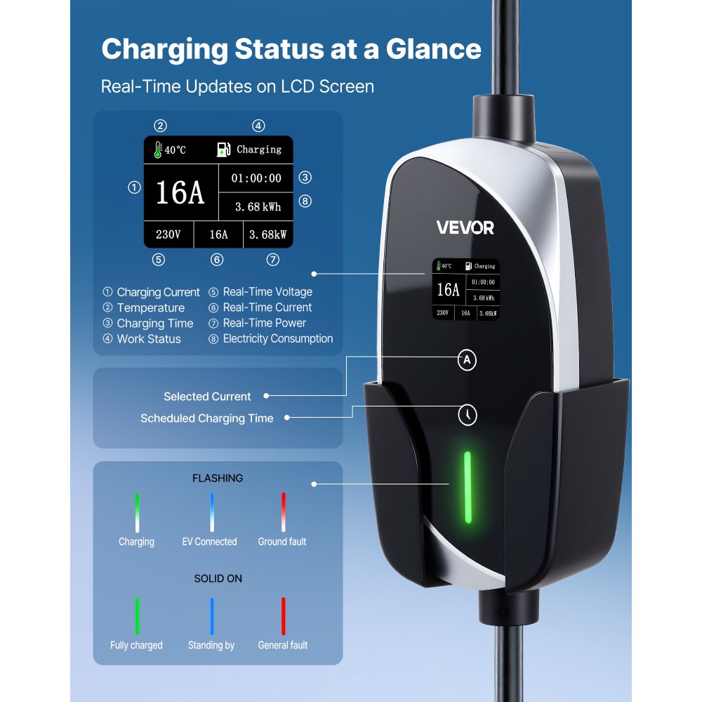 VEVOR Mobile Wallbox, 3,6 kW, 16 A, Typ 2 Ladestation, 1-Phasig-Ladegerät mit 6 m Ladekabel, Schuko-Stecker (16 A), LCD-Display, IP66-Steuereinheit, Stromversorgung für Elektrofahrzeuge