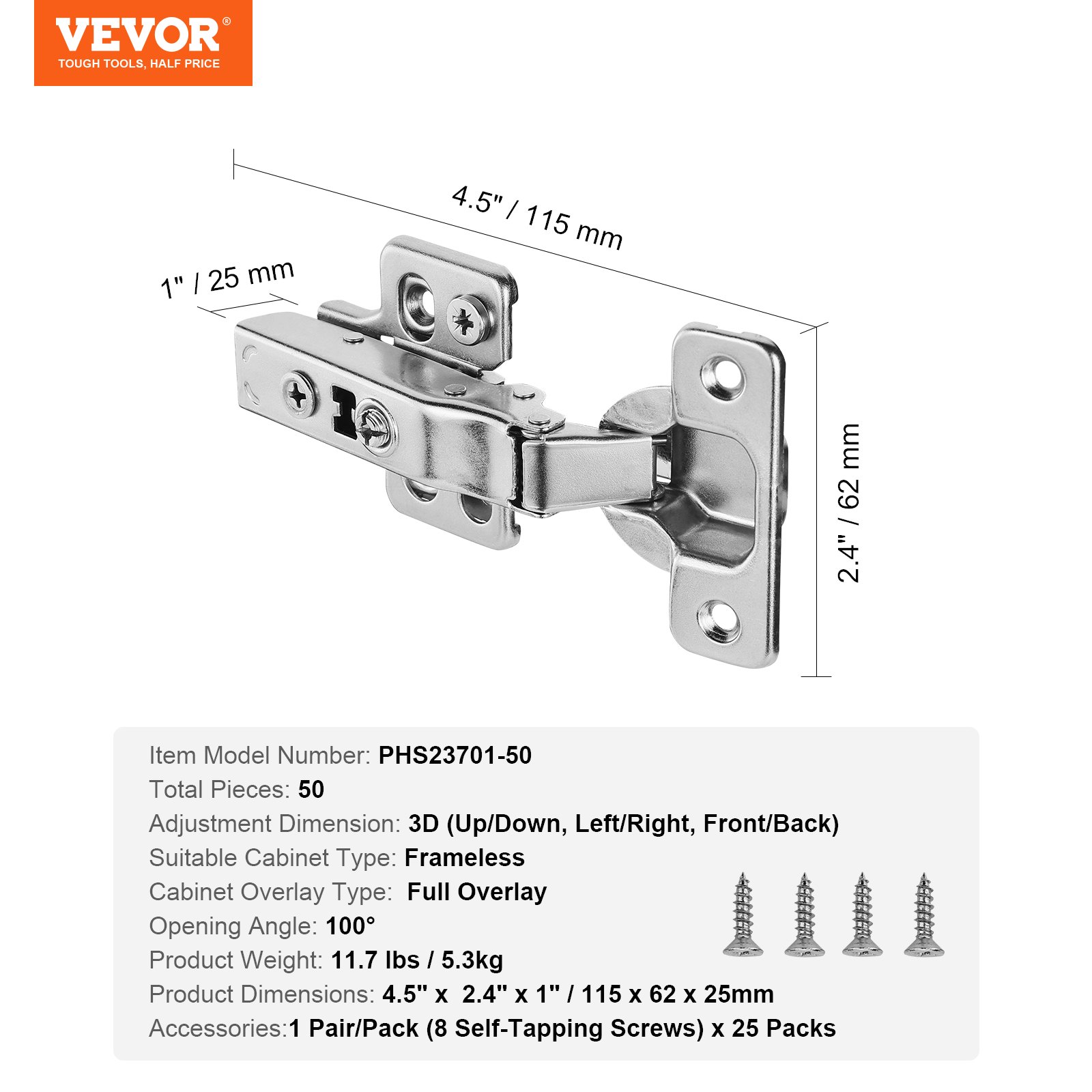 VEVOR Cabinet Hinges, Set of 50, Fully Surface Mounted Furniture Hinges, 100-Degree Opening Angle, Soft-Close, Concealed Cup Hinges for Frameless Cabinets, with Mounting Screws, 115x62x29mm