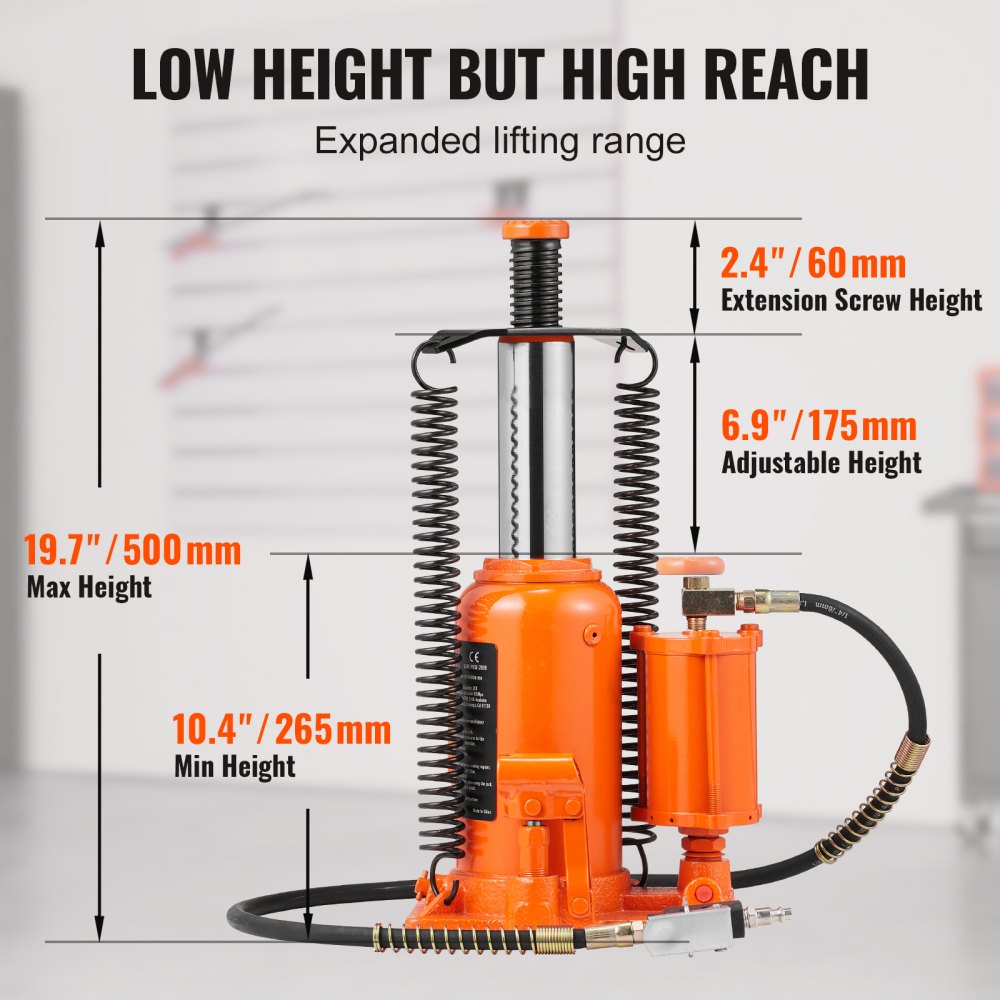 VEVOR Air Hydraulic Bottle Jack, 20 Ton/40000 LBS All Welded Bottle Jack, 265 - 500 mm Lifting Range, Manual Handle and Air Pump, for Car, Pickup, Truck, RV, Auto Repair, Industrial Engineering
